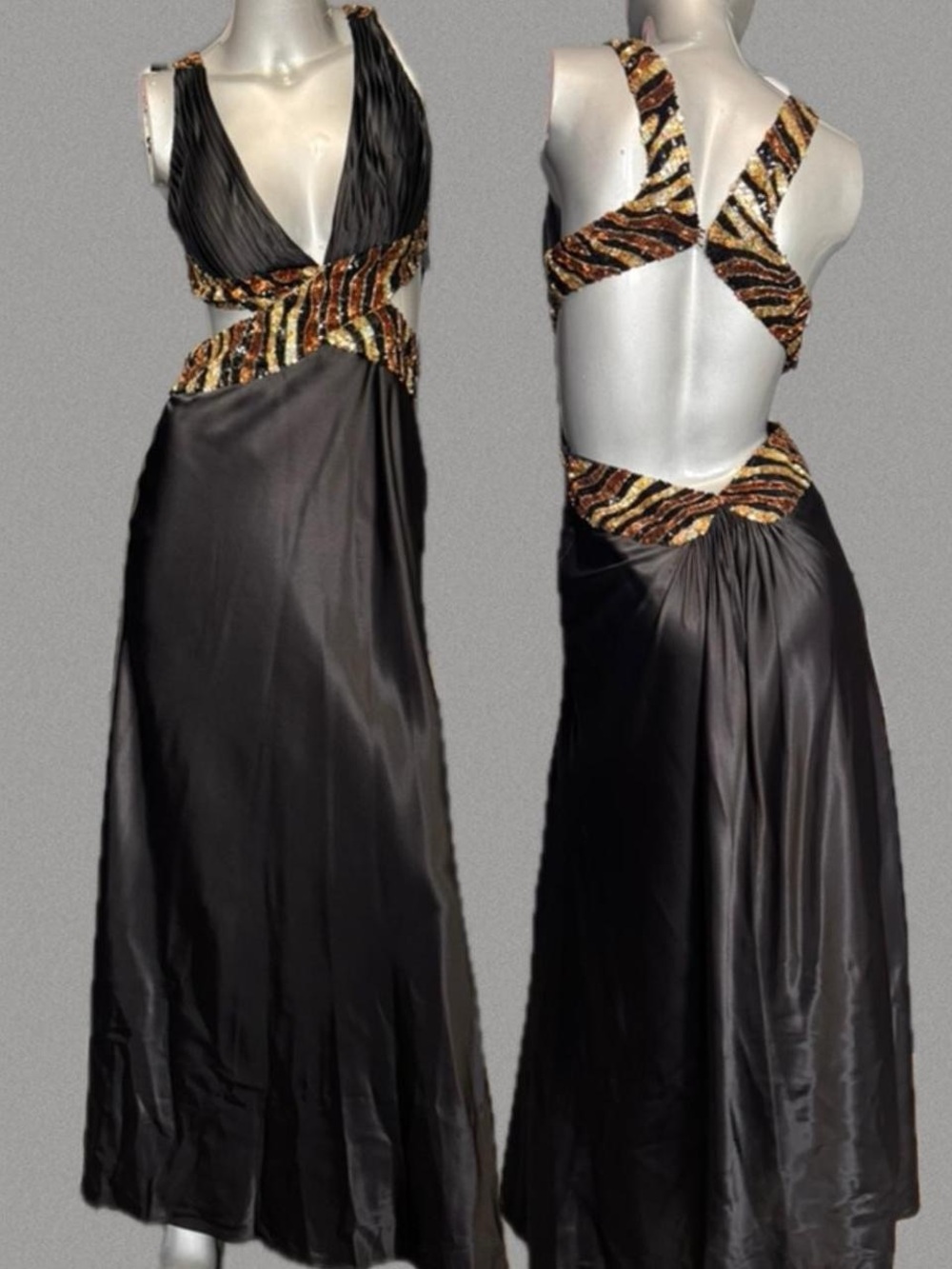 La Femme Vintage Cut-Out Black Brown Sequin Maxi Dress